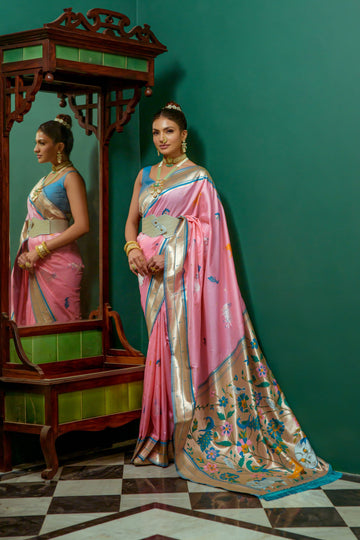 Beautiful Designer Baby Pink Soft Paithani Silk Saree With Blouse