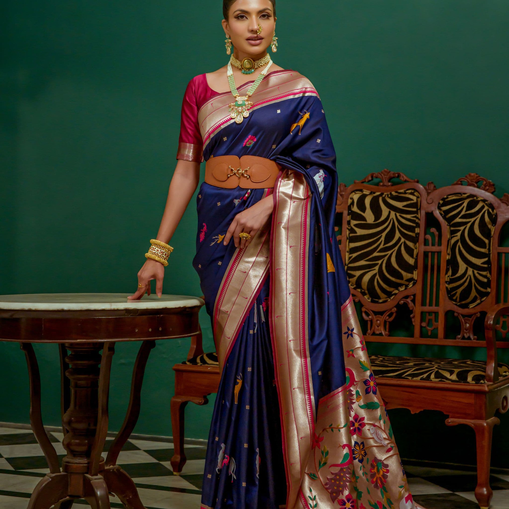 Beautiful Designer Navy Blue Paithani Silk Saree With Blouse