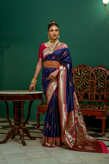 Beautiful Designer Navy Blue Paithani Silk Saree With Blouse