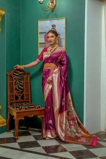 Beautiful Designer Dark Magenta Paithani Silk Saree