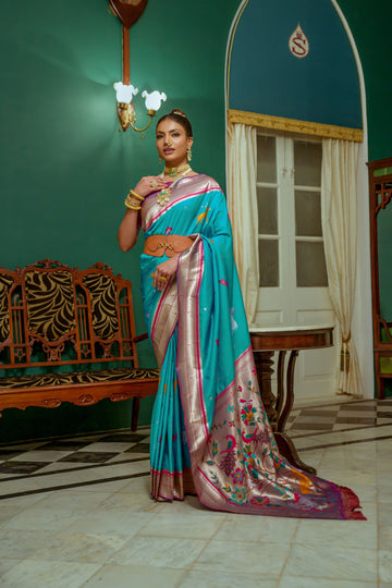 Beautiful Designer Heavy Wevon Zari Designer Blue Colour Paithani Silk Saree