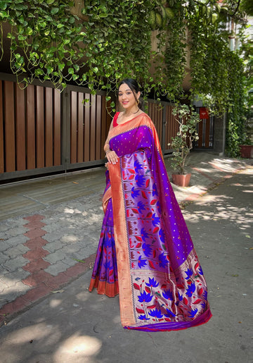 Beautiful Designer Purple Titli Royal Paithani Silk Zari Woven Saree