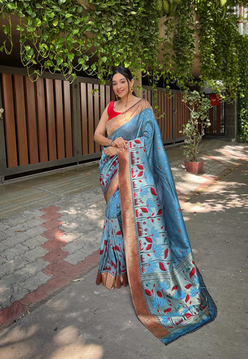 Beautiful Designer Captivating Sky-Blue Zari Woven Banarasi Silk Wedding Saree With Blouse