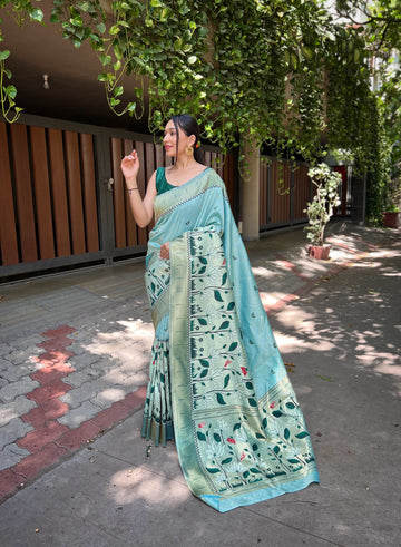 Beautiful Designer Captivating Sky-Blue Zari Woven Banarasi Silk Reception Wear Saree With Blouse