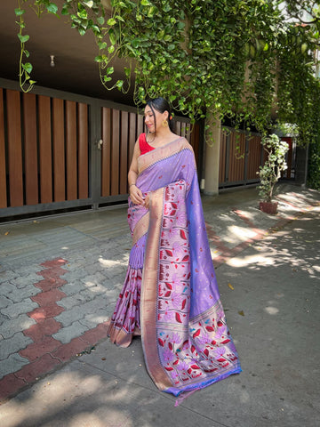 Beautiful Designer Blissful Lavender Zari Woven Banarasi Silk Wedding Saree With Blouse