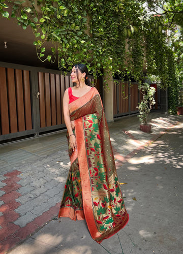 Beautiful Designer Glorious Mehendi-Green Zari Woven Banarasi Silk Wedding Saree With Blouse