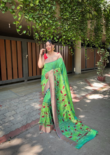 Beautiful Designer Feijoa Green Zari Woven Titli Royal Paithani Silk Saree