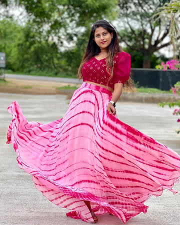 Beautiful Designer Georgette Pink Shibori Printed Lehenga And Top Set