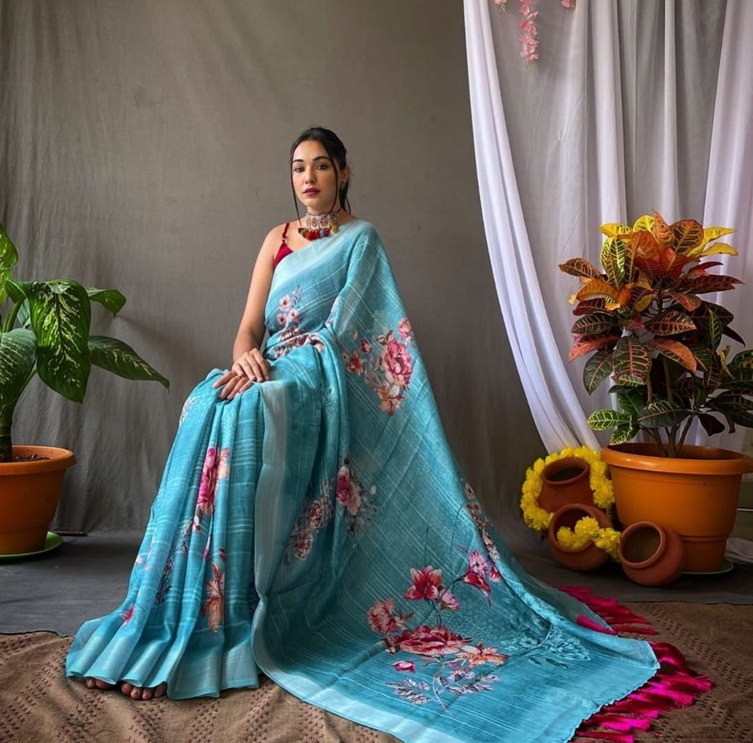 Beautiful Designer Soft Linen Cotton Digital Print Saree