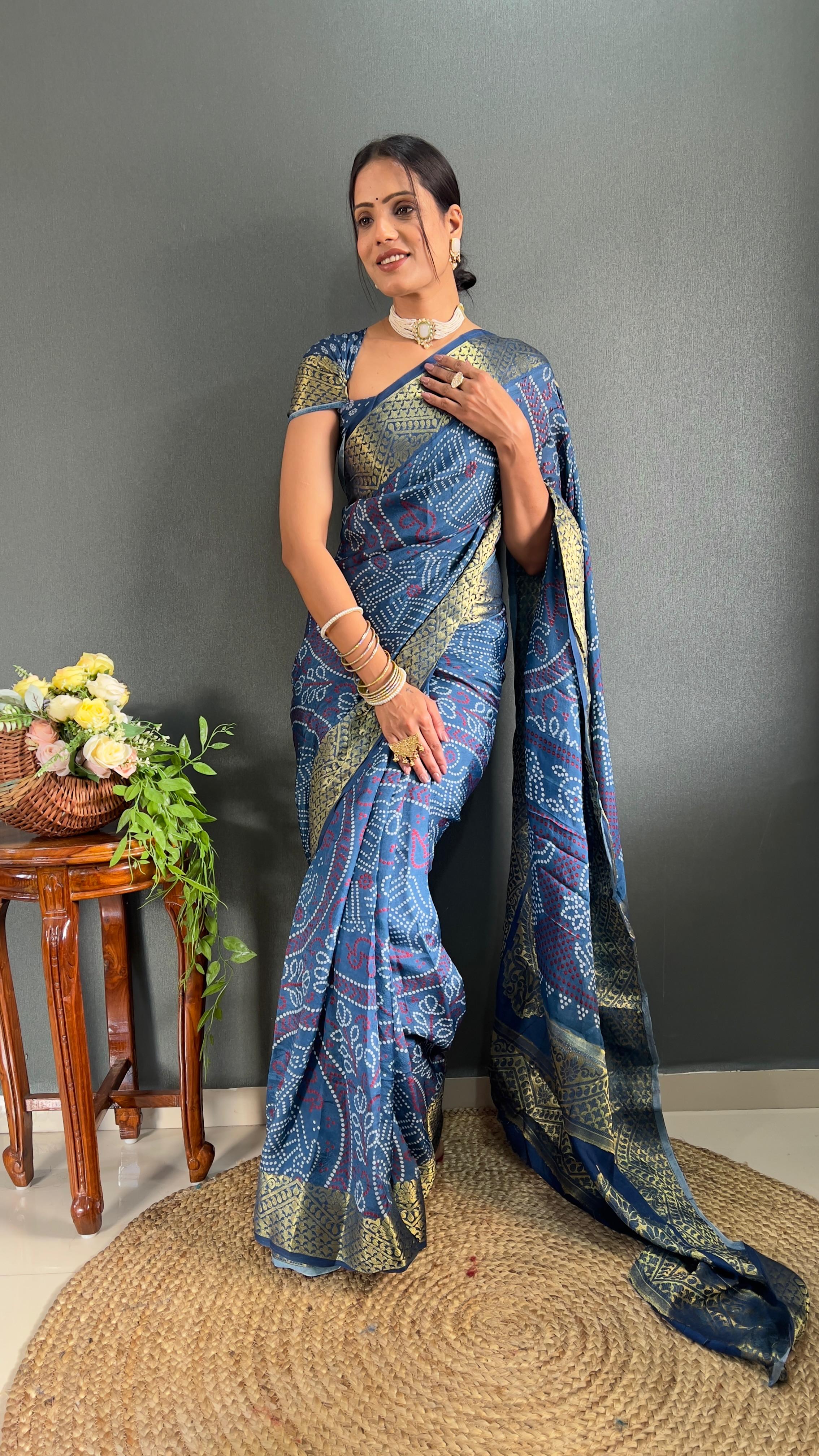 Bandhani Silk Fabric Awesome Heavy Zari Border, Saree in Multi color with  zari border - JLINE ARTS & CRAFTS