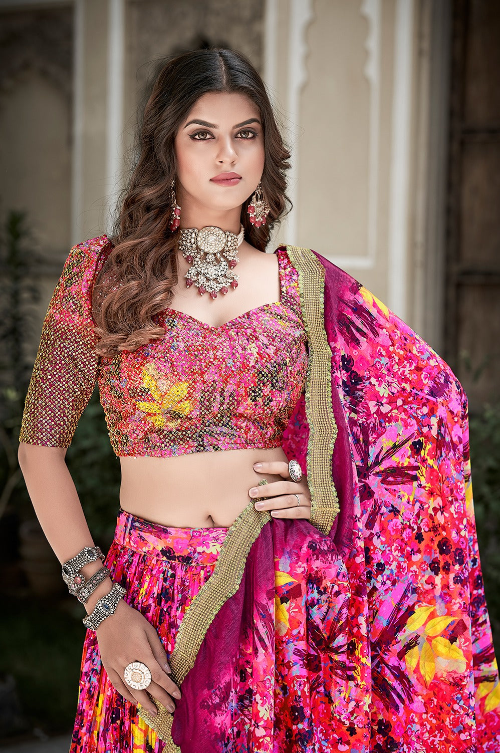 Beautiful Designer Crushed Chinon Silk Chaniya Choli