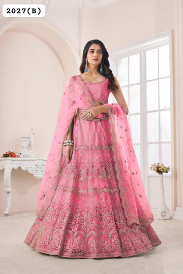 Beautiful Designer Remarkable Coral Pink Sequins Work Net Wedding Lehenga Choli