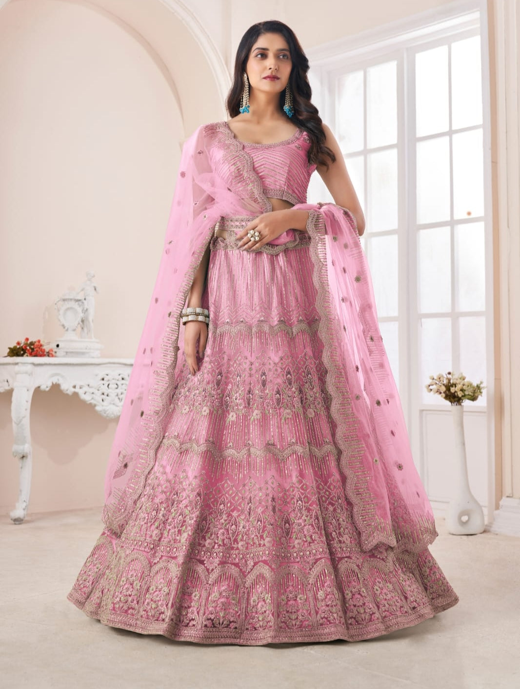 Beautiful Designer Pink Pearl Work Net Bridesmaid Lehenga Choli