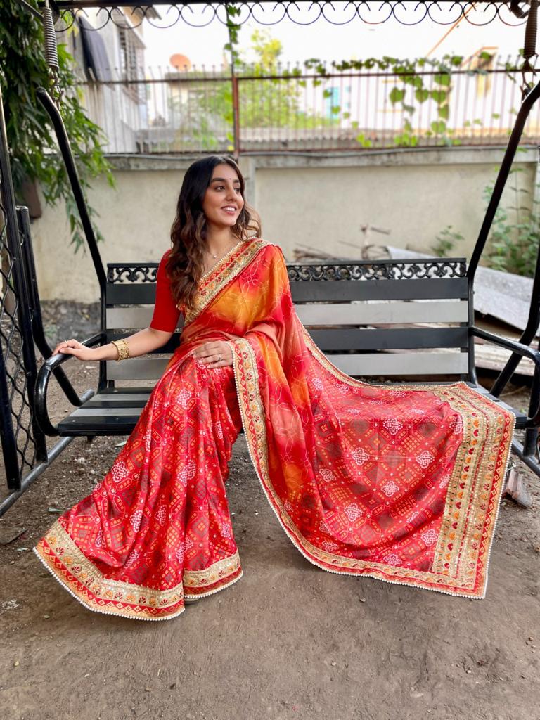 Beautiful Designer Bandhani Brige Moss Chiffon Saree