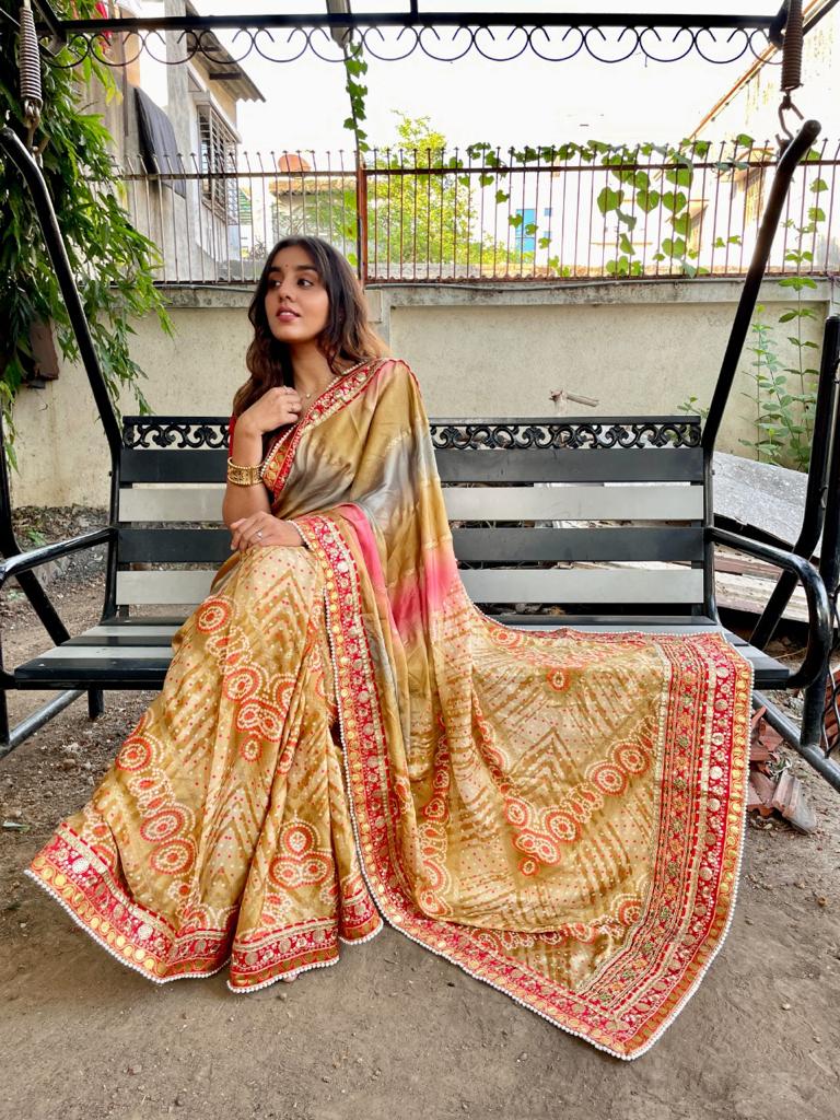 Beautiful Designer Bandhani Brige Moss Chiffon Saree