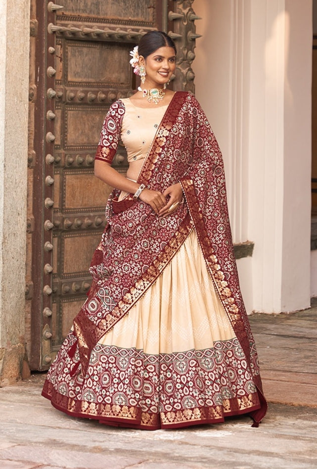 Maroon And Cream Banarsi Silk Lehenga Choli at Rs 18443 | सिल्क लहंगा in  Surat | ID: 11689711497