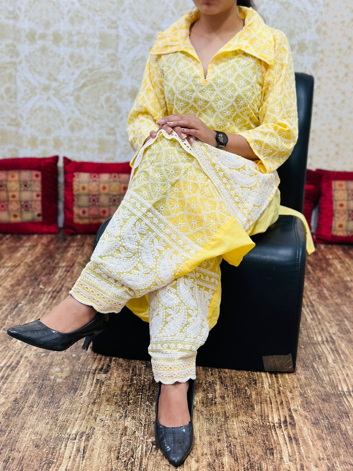 Beautiful yellow chikankari on pure chiffon. outlet Pakistani designer wear.