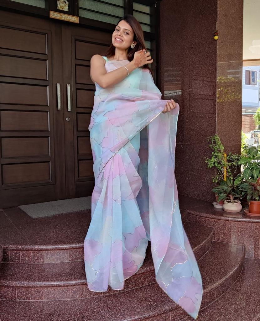 Beautiful Designer Pastel Multicolor Hand Printed Organza Saree