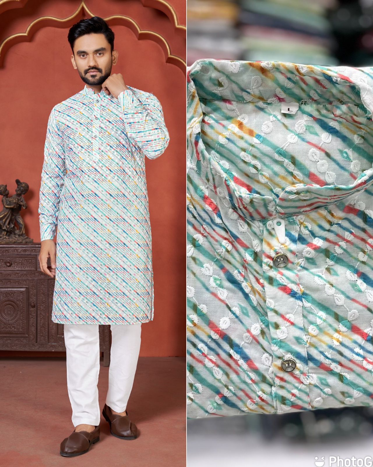 Heavy Designer Cotton Schiffli Chicken works with Sequence Digital Print Kurta Pyjama