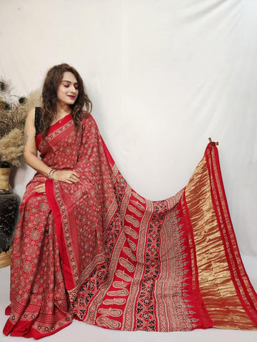 Beautiful Designer Pure Gajji Ajrakh Bandhej Morpis Saree