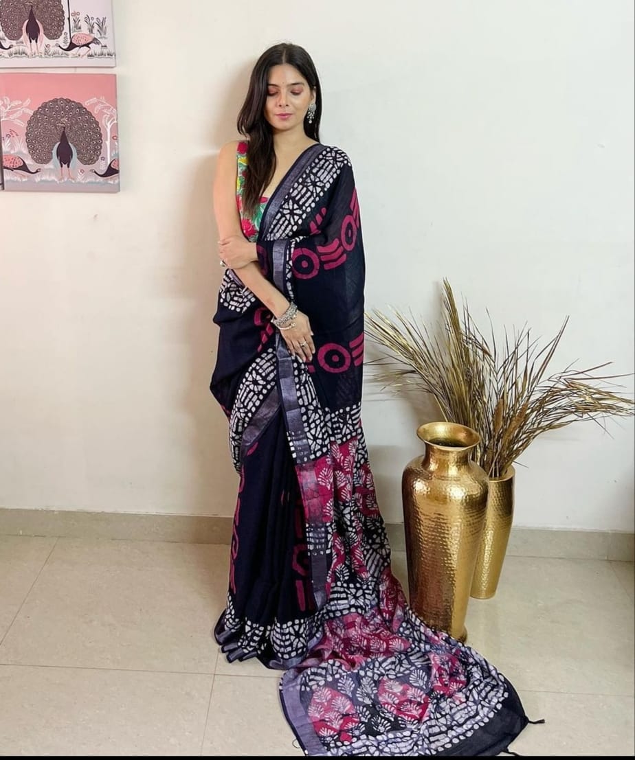 Beautiful Designer Soft Linen Cotton Saree Digital Print Saree