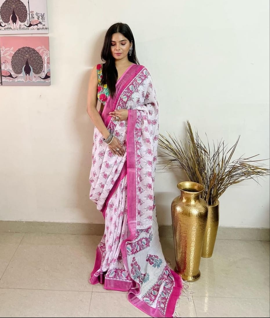 Beautiful Designer Soft Linen Cotton Saree Digital Print Saree