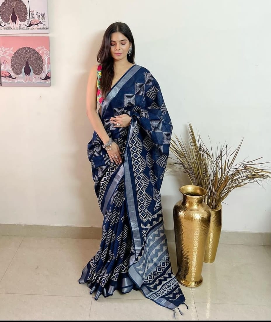 Beautiful Designer Soft Linen Cotton Saree Digital Print Saree