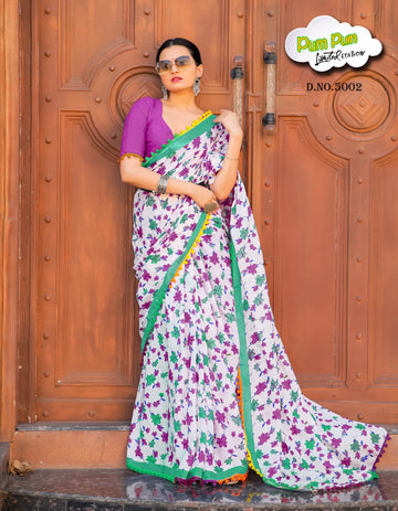 Beautiful Designer Pure Mulmul Cotton Printed with Pum Pum Saree