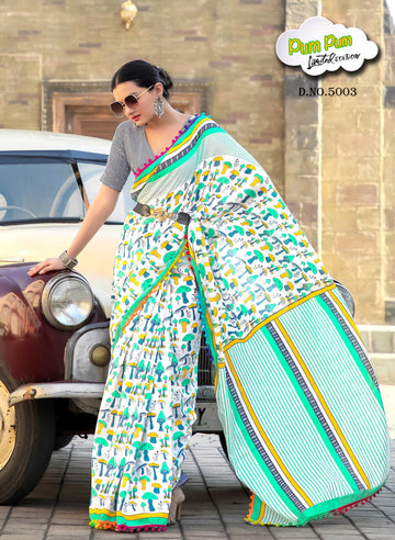 Beautiful Designer Pure Mulmul Cotton Printed with Pum Pum Saree