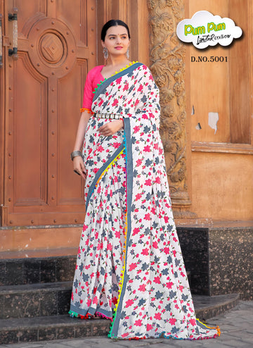 Beautiful Designer Pure Mulmul Cotton Printed with Pum Pum Saree