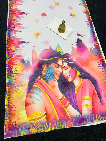 Beautiful Designer Holi Special Soft Plain Linen with Digital Print Saree