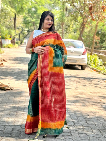 Beautiful Designer Summer Special Satrangi Cotton Block Print Bandhej Saree