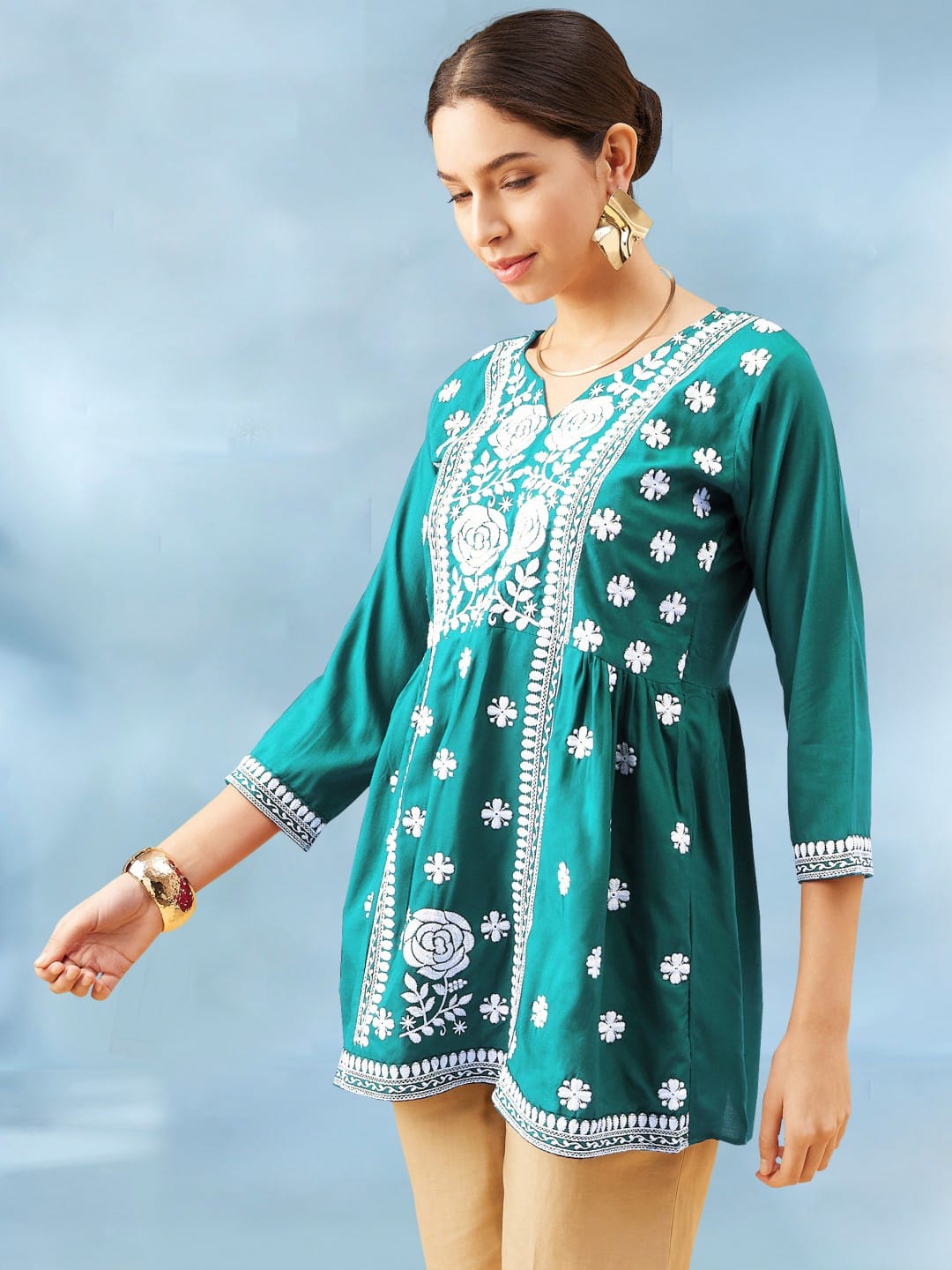 Beautiful Designer Reyon Tunics Ethnic Motif White Embroidery Thread Work Kurti Top