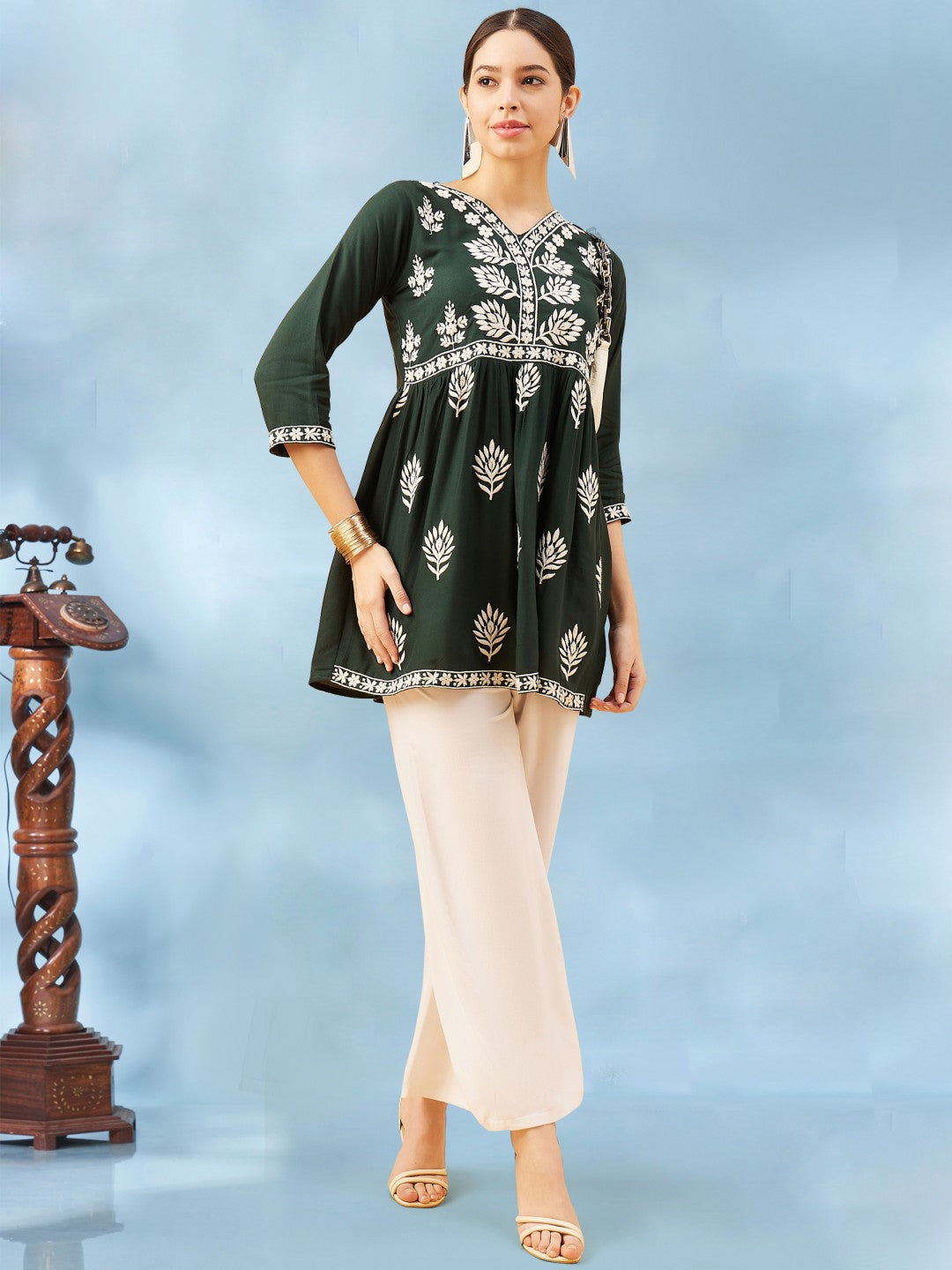 Beautiful Designer Reyon Tunics Ethnic Motif White Embroidery Thread Work Kurti Top