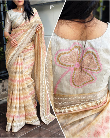 Beautiful Designer Soft Linen With Hand Printed Saree