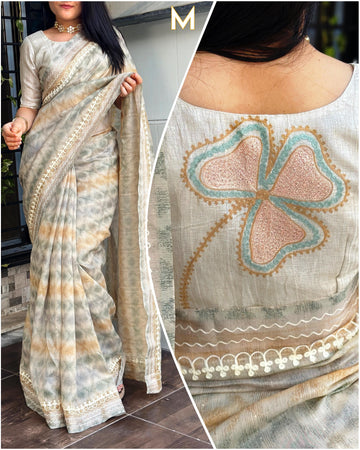 Beautiful Designer Soft Linen With Hand Printed Saree