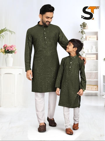 Beautiful Designer Father Son Matching Combo Sequence Kurta Pyjama Set