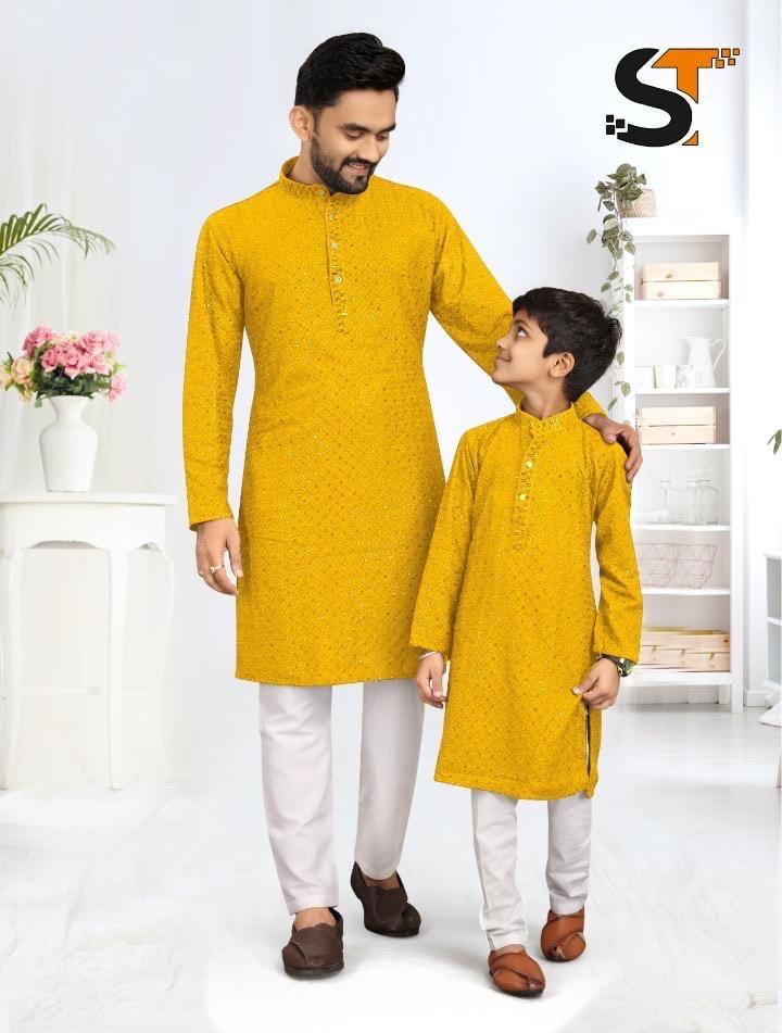 Beautiful Designer Father Son Matching Combo Sequence Kurta Pyjama Set