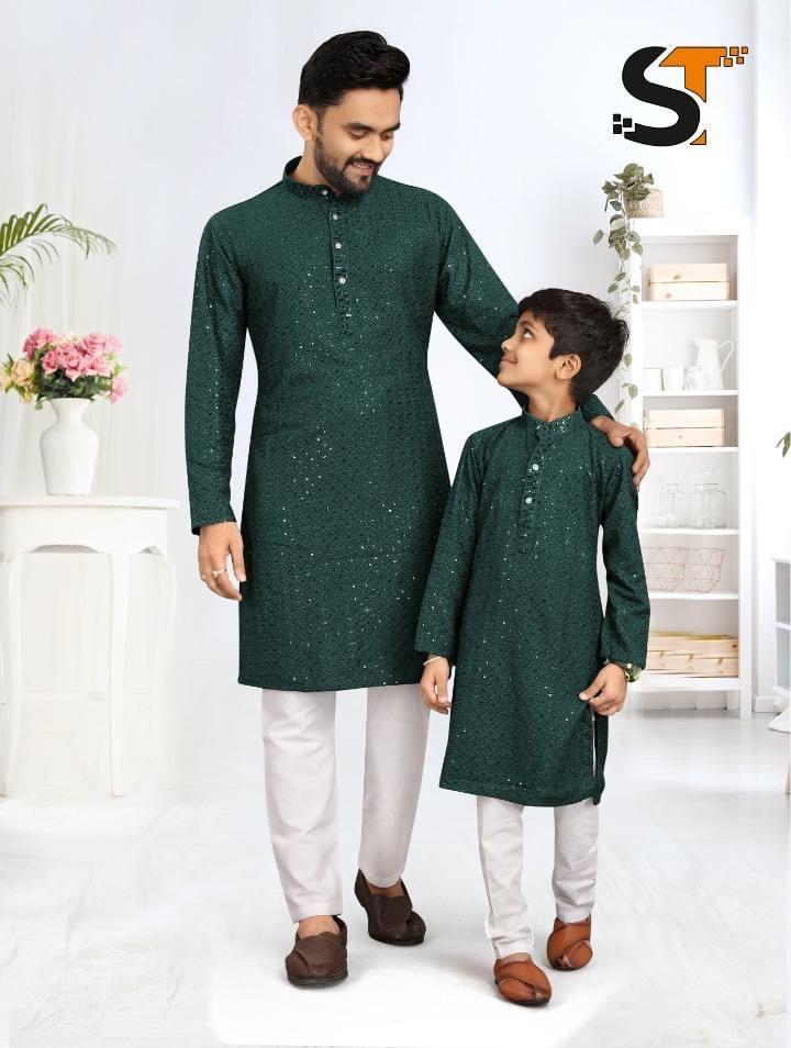 Beautiful Designer Father Son Matching Combo Sequence Kurta Pyjama Set