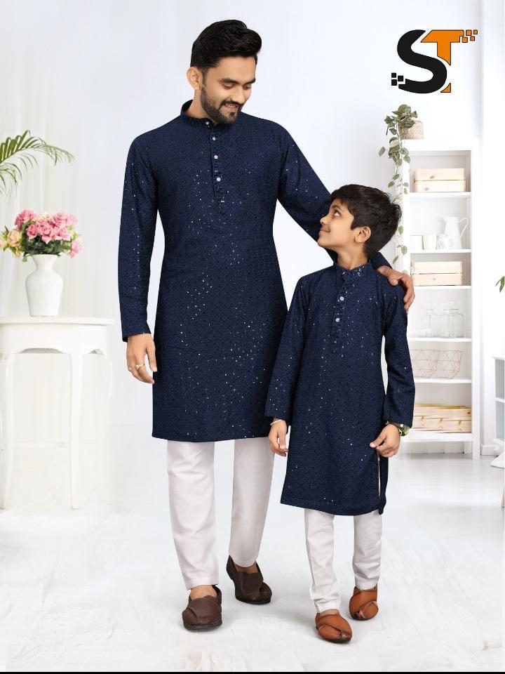 Beautiful Designer Father Son Matching Combo Sequence Kurta Pyjama Set