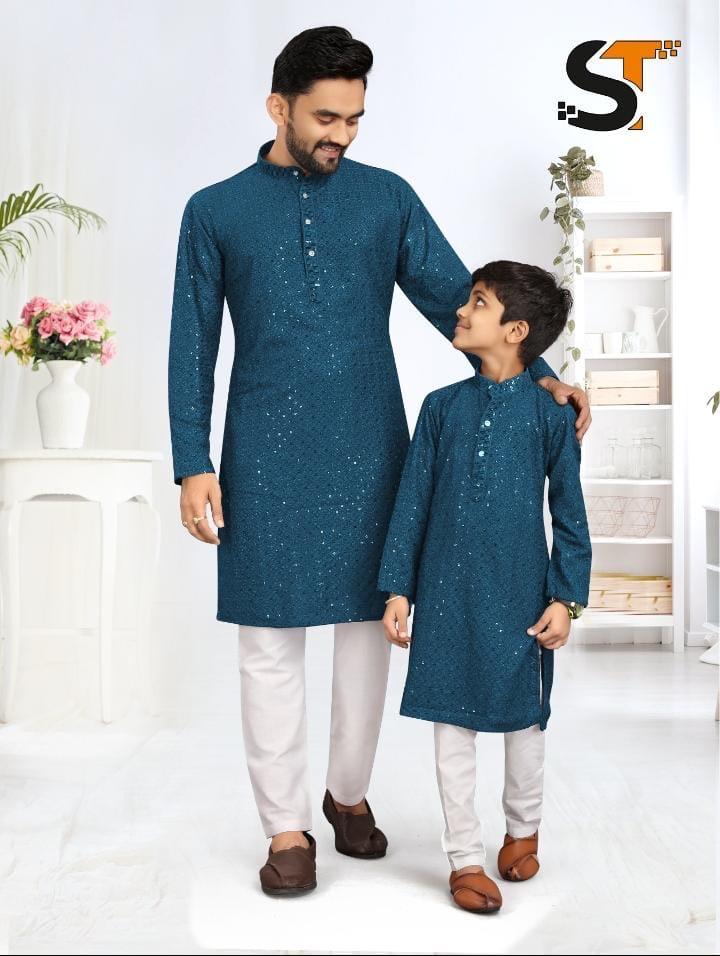 Beautiful Designer Father Son Matching Combo Sequence Kurta Pyjama Set