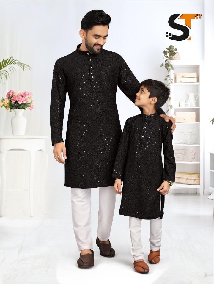 Beautiful Designer Father Son Matching Combo Sequence Kurta Pyjama Set