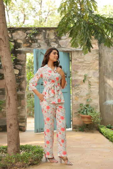 Beautiful Designer Floral Printed Lapel Cotton Co Ord Set