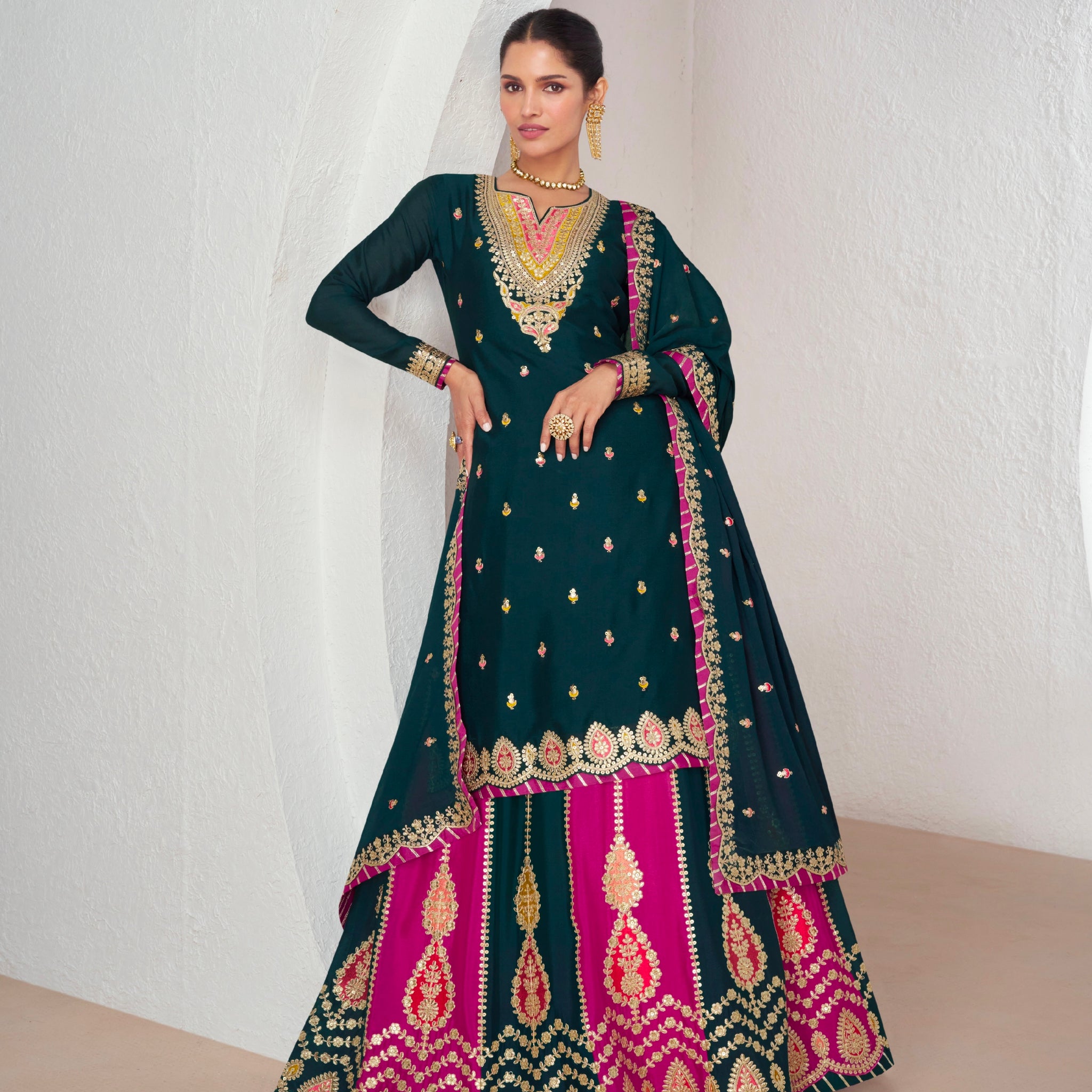 Green and Pink Chinnon Silk Anarkali Suit with Embellished Skirt & Dupatta