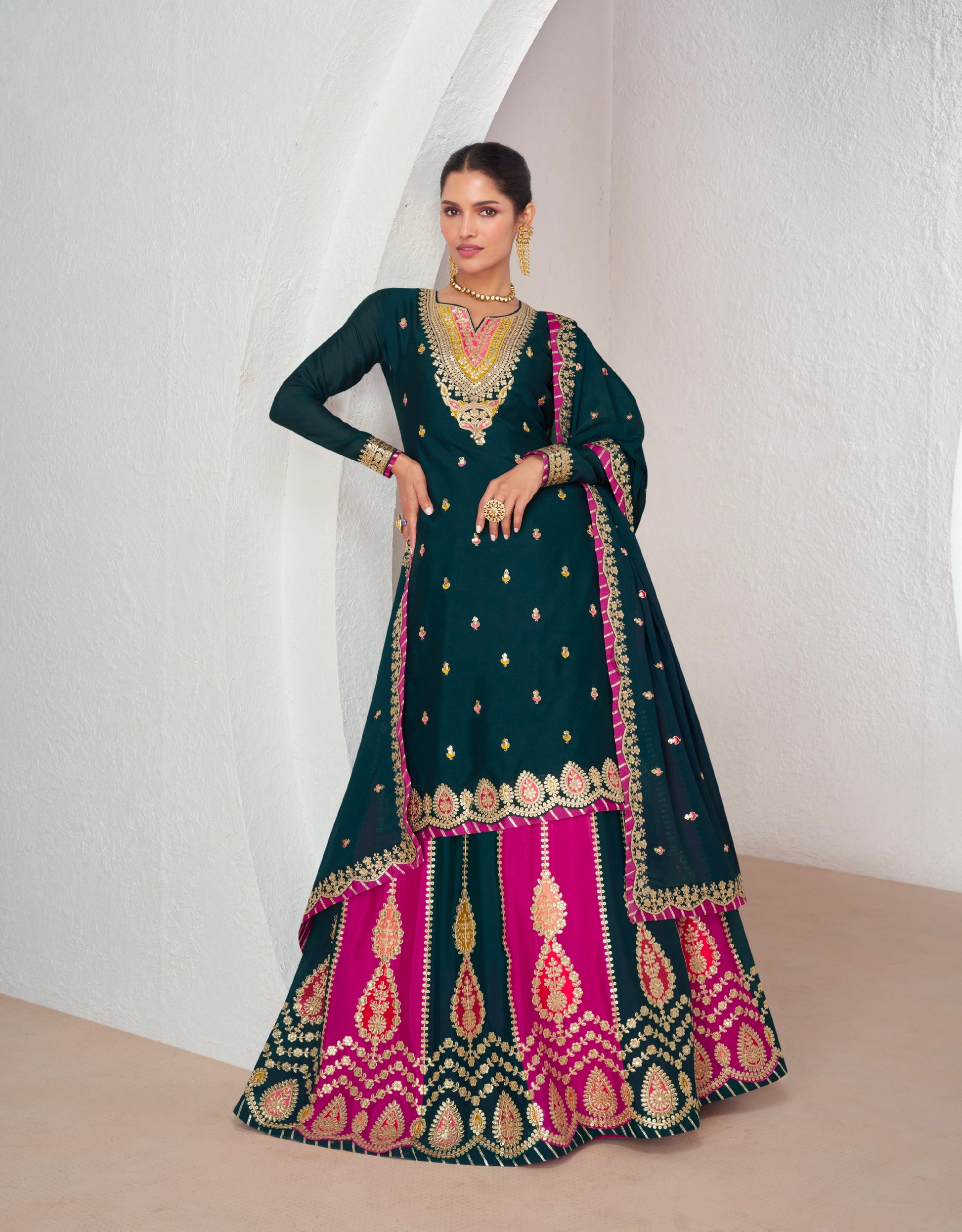 Green and Pink Chinnon Silk Anarkali Suit with Embellished Skirt & Dupatta