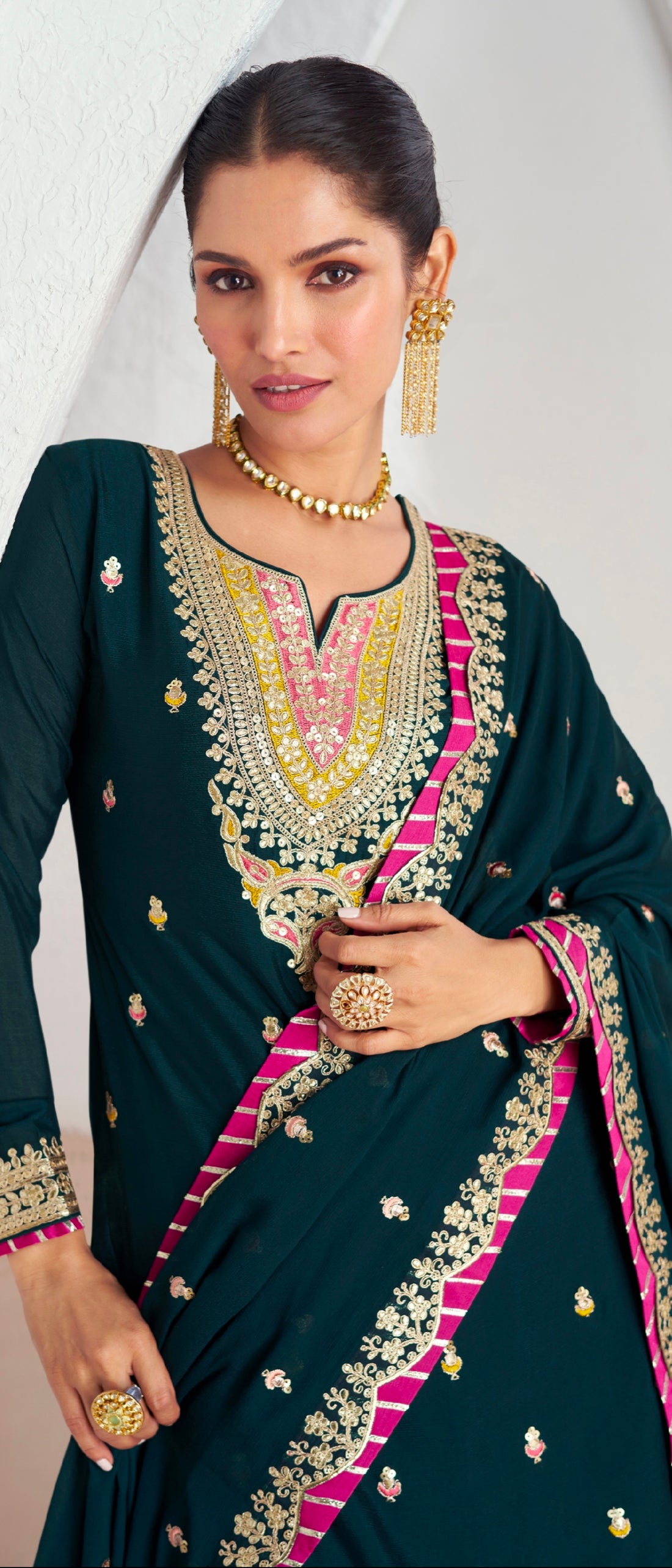 Green and Pink Chinnon Silk Anarkali Suit with Embellished Skirt & Dupatta