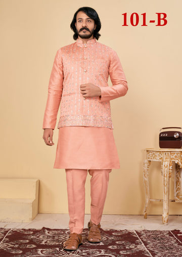 Beautiful Men's Designer Silk Kurta Payjama With Koti Jacket