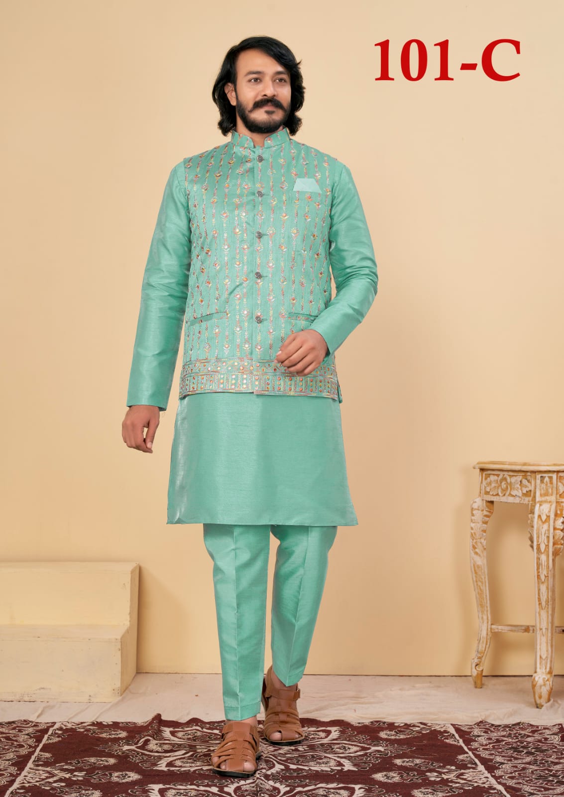 Beautiful Men's Designer Silk Kurta Payjama With Koti Jacket