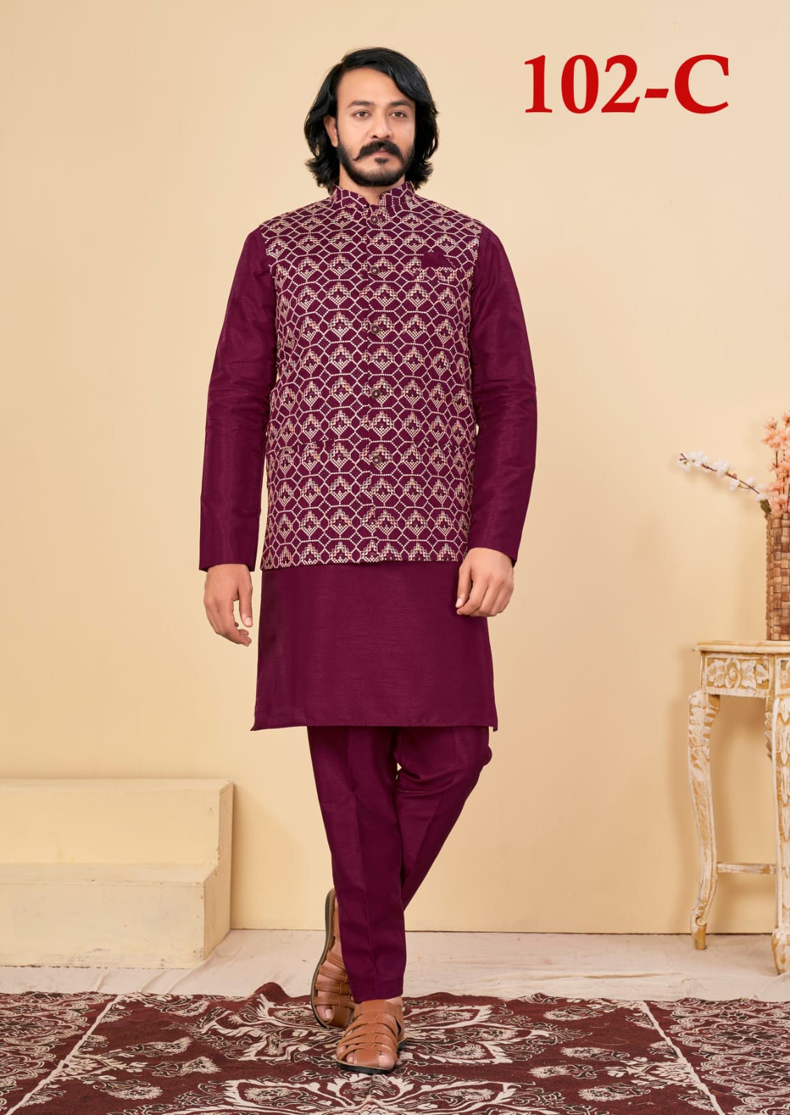 Beautiful Men's Designer Silk Kurta Payjama With Koti Jacket