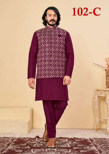 Beautiful Men's Designer Silk Kurta Payjama With Koti Jacket